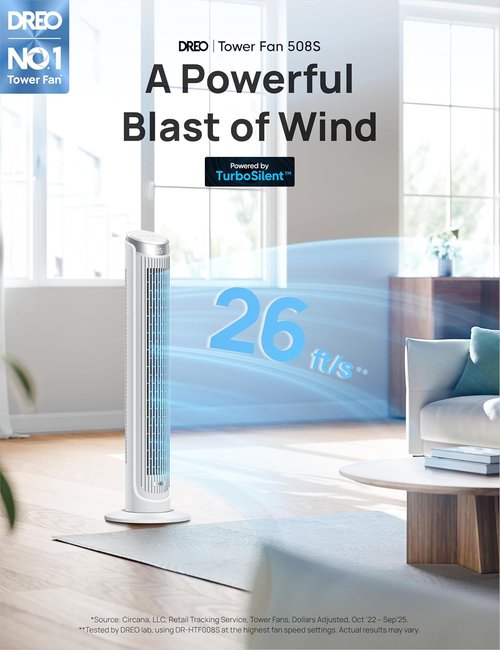 DREO Smart Tower Fan - 90° Oscillating Quiet Floor Fan with Remote & Voice Control | 12H Timer, 26ft/s Velocity