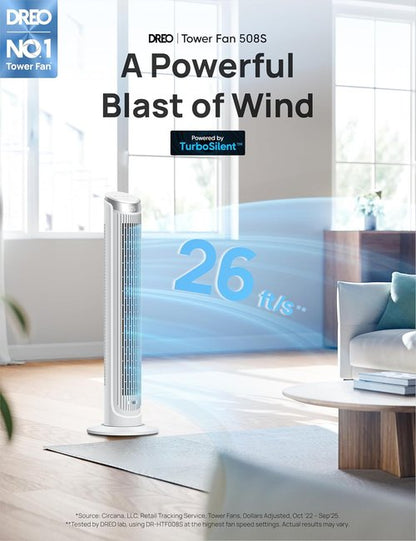 DREO Smart Tower Fan - 90° Oscillating Quiet Floor Fan with Remote & Voice Control | 12H Timer, 26ft/s Velocity