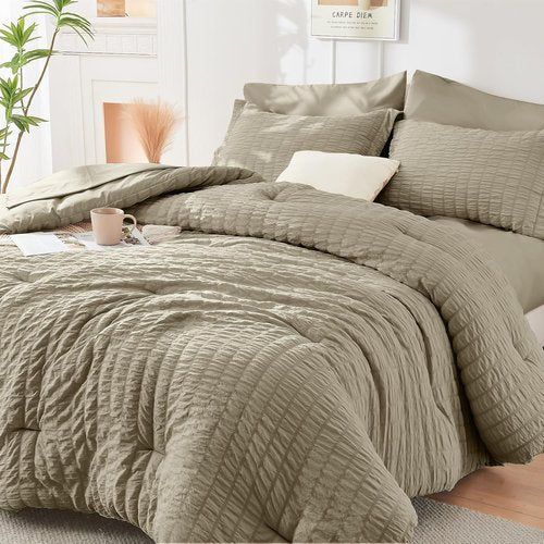 HYMOKEGE Linen Full Size Comforter Set - All Season Luxury Bedding in Seersucker Design | 7 Pieces