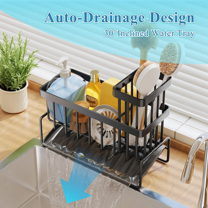 KOOSPACE Sponge Holder for Kitchen Sink, Kitchen Sink Caddy with Brush Holder, Auto-Drainage Rustproof Kitchen Sink Organizer and Storage for Brush, Sponge, Dish Soap Dispenser