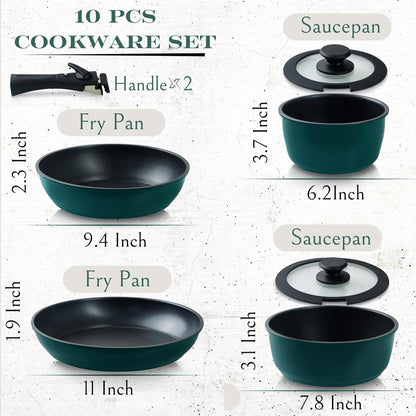 Moss & Stone Nonstick Aluminum Pots and Pans Set - 10-Piece Stackable Cookware in Blue | Dishwasher Safe