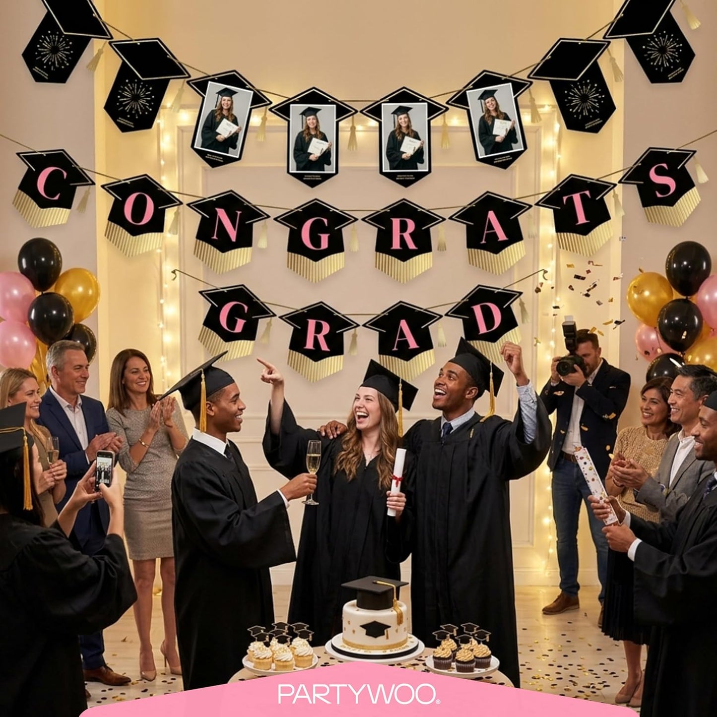PartyWoo Graduation Banner - Class of 2026 Black Pink Gold Decorations | 2-Piece Set for Middle & High School Celebrations