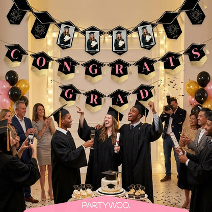 PartyWoo Graduation Banner - Class of 2026 Black Pink Gold Decorations | 2-Piece Set for Middle & High School Celebrations