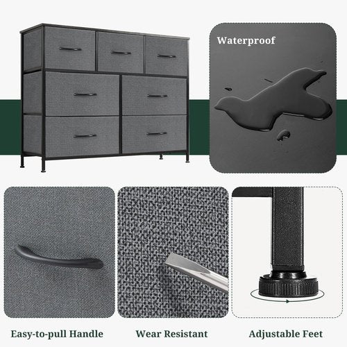 7-Drawer Dresser for Bedroom, Anti-Tip Wide Storage Organizer Fabric Chest of Drawers TV Stand for 45" TV with Wooden Top and Metal Frame for Closet, Living Room, Hallway, Entryway, Gray