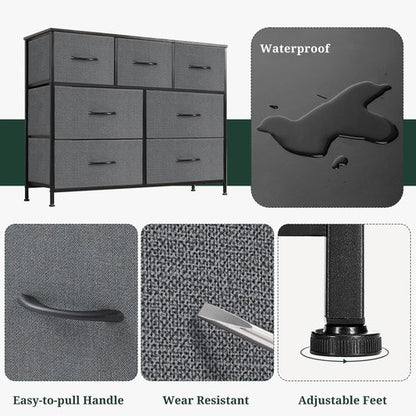 7-Drawer Dresser for Bedroom, Anti-Tip Wide Storage Organizer Fabric Chest of Drawers TV Stand for 45" TV with Wooden Top and Metal Frame for Closet, Living Room, Hallway, Entryway, Gray