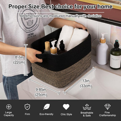 OIAHOMY Woven Storage Basket - Rectangle Cotton Rope Organizer for Toys, Towels, Books | 13 x 10 x 9 in, Black & Brown