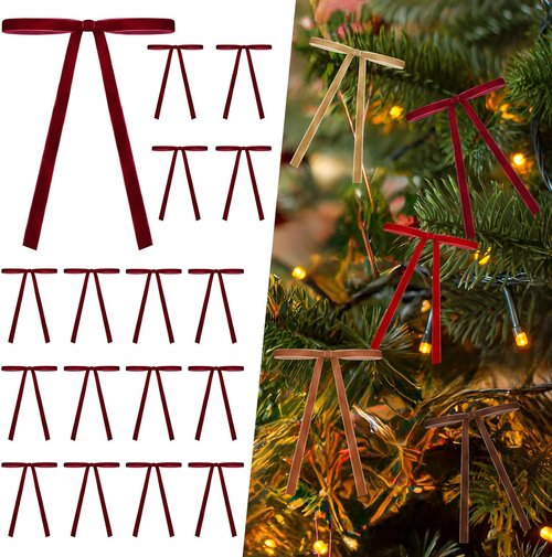 Burgundy Velvet Ribbon Bows - 24 PCS Christmas Tree Topper Ornaments | 5x7 Inch Decorative Bows