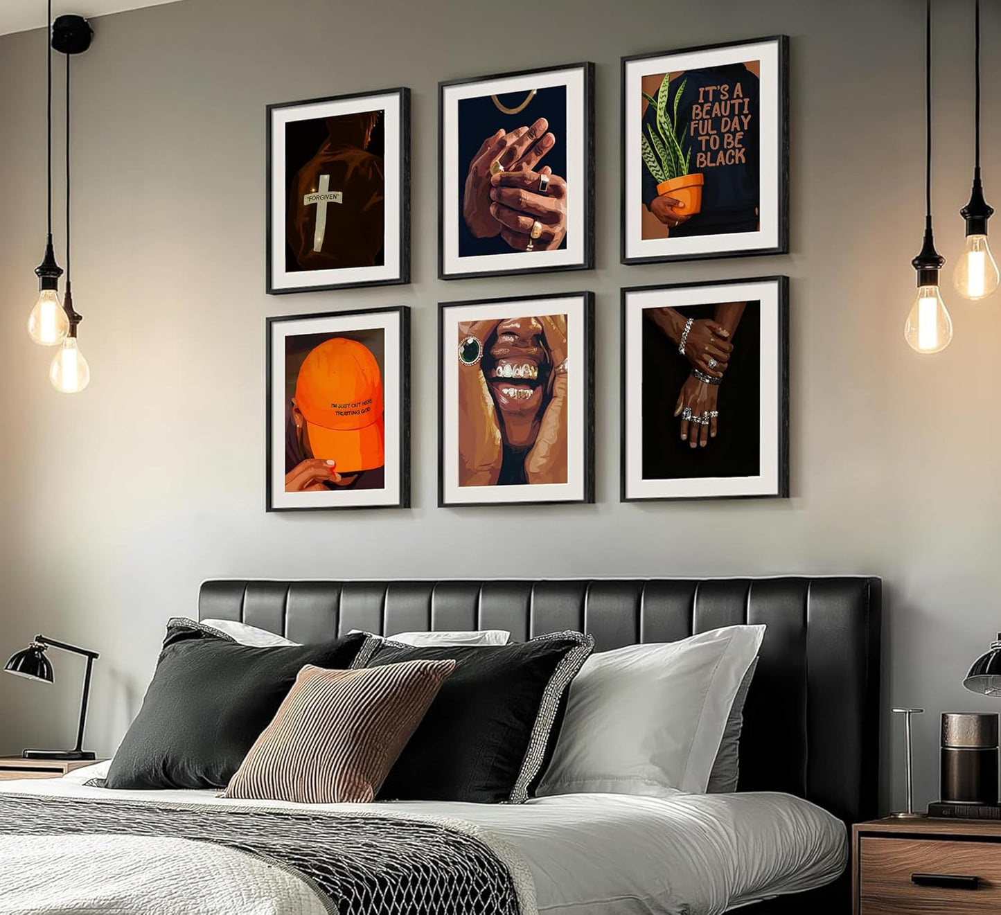 Skiennix 6-Piece Black Man Canvas Wall Art - Trendy Luxury Street Paintings for Home Decor