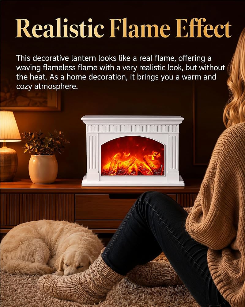 White Electric Fireplace Lantern with Realistic Flame Effect - Portable USB/Battery Powered