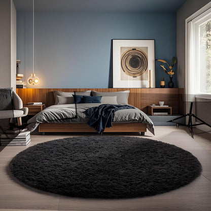 Ophanie Round Rug - 5Ft Black Circle Area Rug | Plush Soft Shaggy Carpet for Bedroom & Nursery Decor