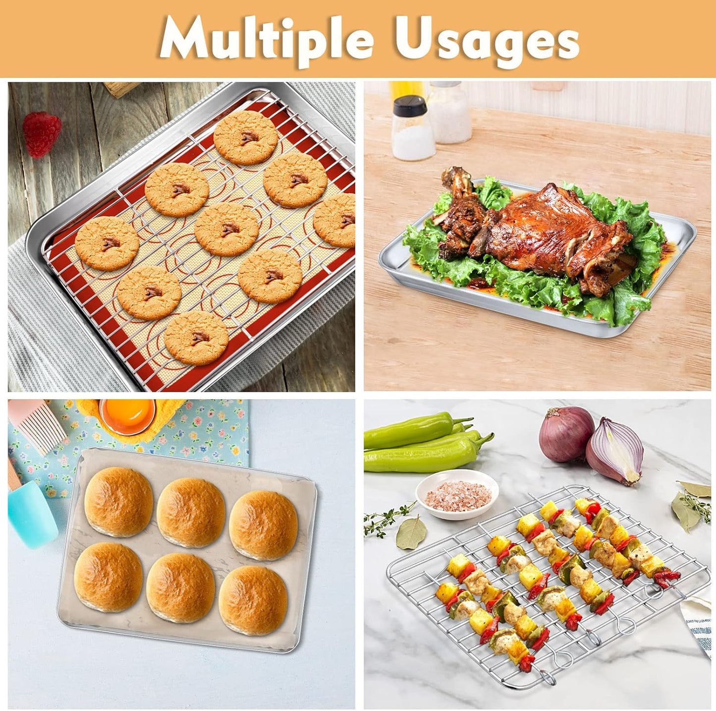 P&P CHEF 9-Inch Baking Sheet Pan Set - Stainless Steel Oven Tray with Rack & Silicone Mat, Dishwasher Safe