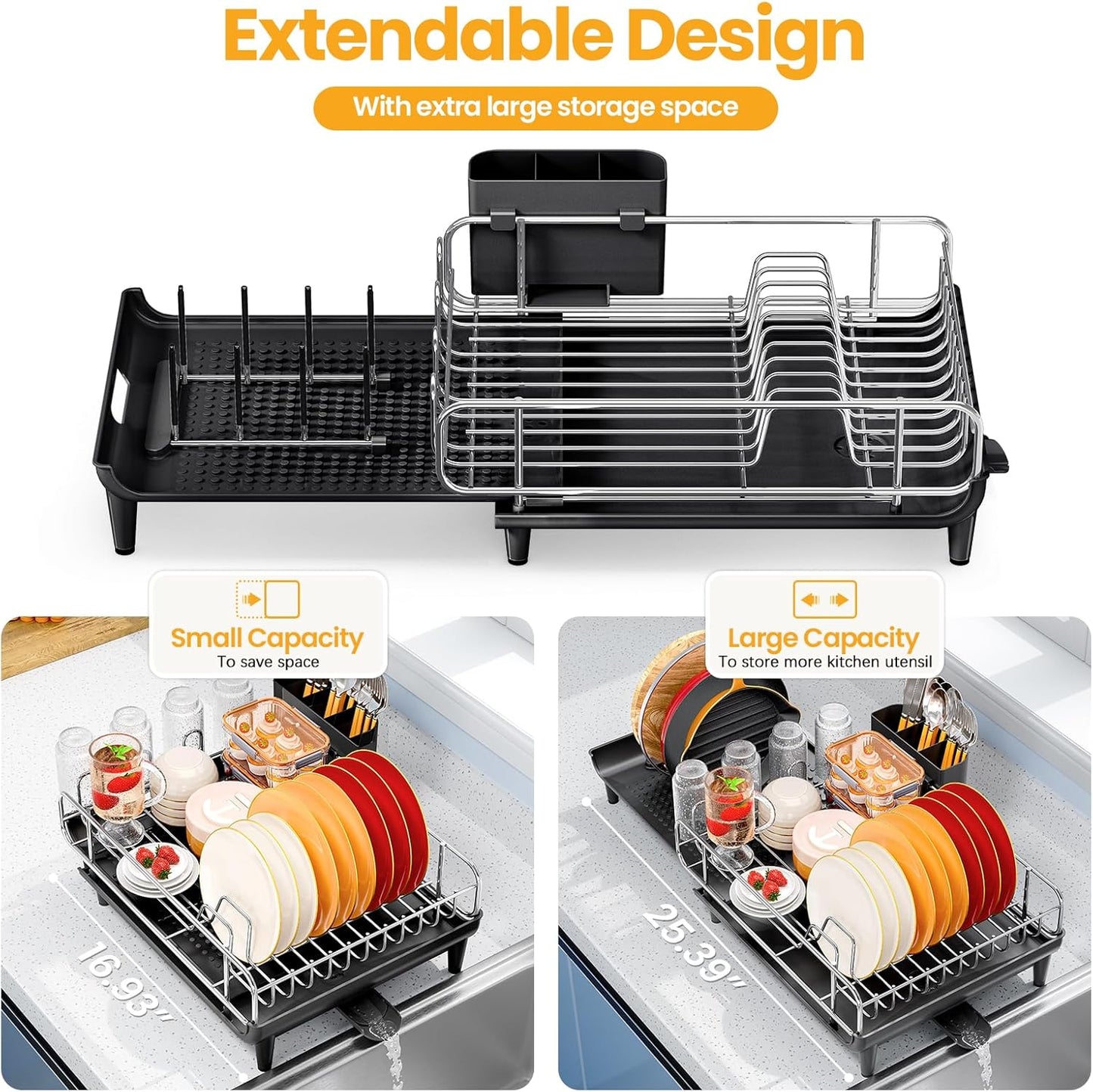 TOOLF Expandable Dish Rack - Stainless Steel Dish Drying Rack with Cutlery Holder | Large & Foldable, Black