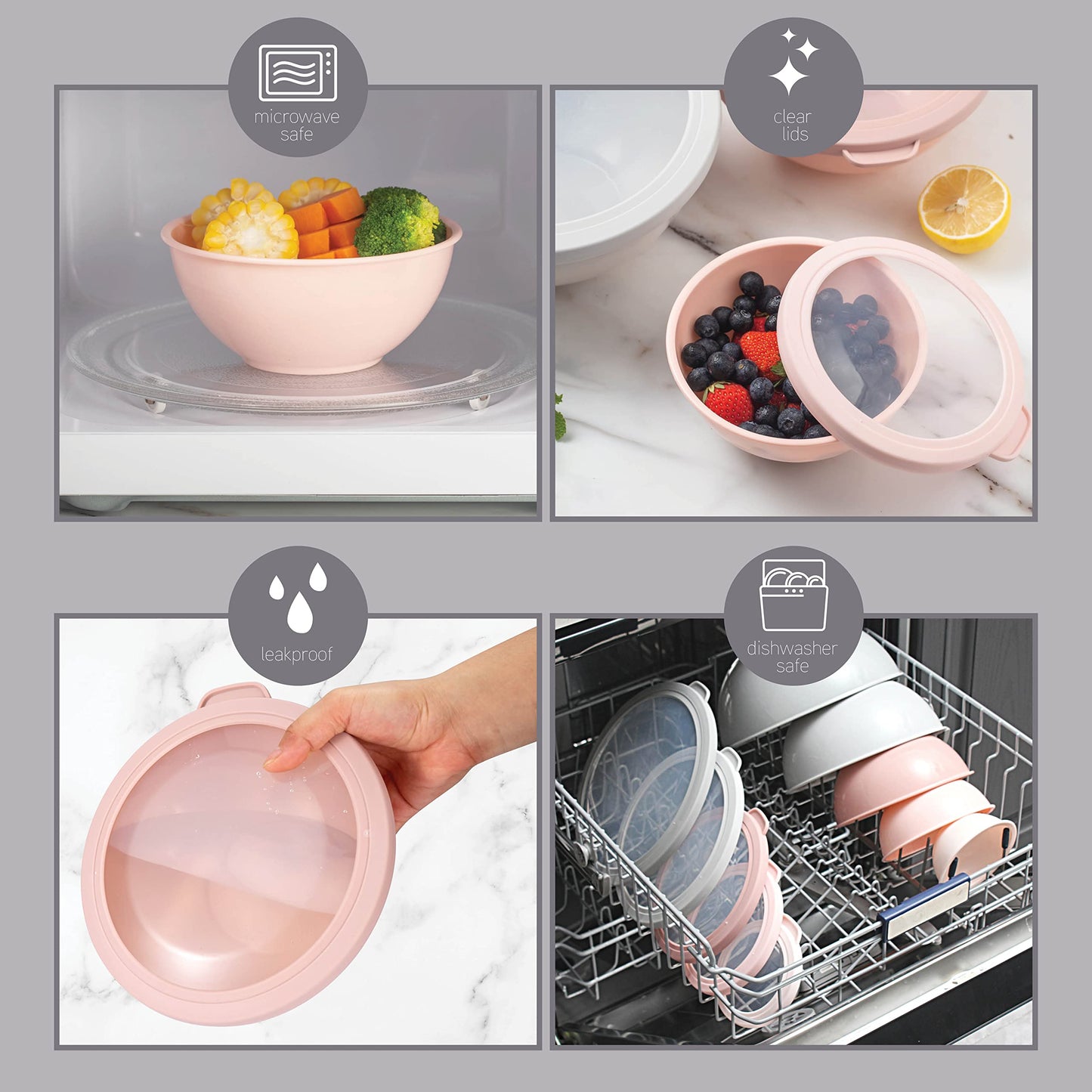 COOK WITH COLOR Mixing Bowls with TPR Lids - 12 Piece Plastic Nesting Bowls Set includes 6 Prep Bowls and 6 Lids, Microwave Safe Mixing Bowl Set (Pink Ombre)