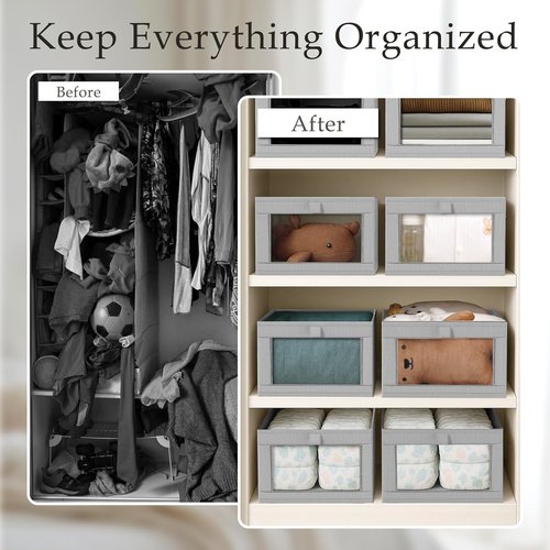 Criusia Linen Closet Organizers - 4 Pack Foldable Storage Baskets for Towels, Clothing, and Books | Grey
