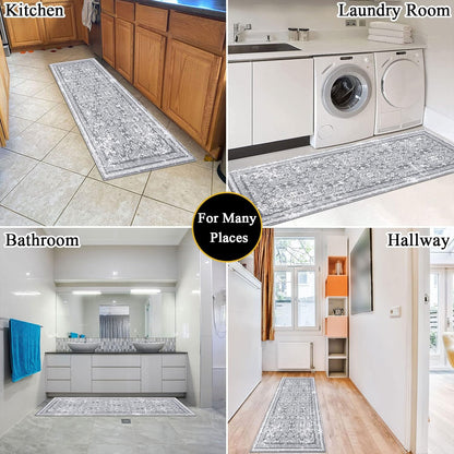 Vaukki Vintage Shaggy Hallway Runner Rug - Soft Non-Slip 2' x 6' Boho Entryway Mat | Grey Washable Carpet for Kitchen & Bathroom