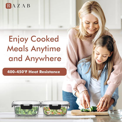 Razab Glass Food Storage Containers - Airtight & Leakproof 1200ML | Microwave, Oven, Freezer Safe, BPA Free