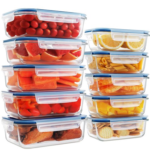 HOMBERKING 10 Pack Glass Meal Prep Containers, Glass Food Storage Containers with Lids, Airtight Glass Lunch Bento Boxes, BPA-Free & Leak Proof, 36oz & 14oz (10 lids & 10 Containers) - Deep Blue