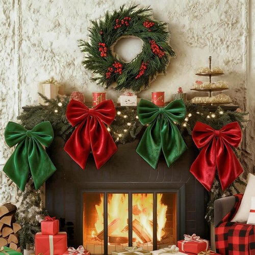 Big Bow Decor by Red Green - 23 x 11 Inch Christmas Satin Bows for Wreaths & Gift Wrapping | 4 Pack
