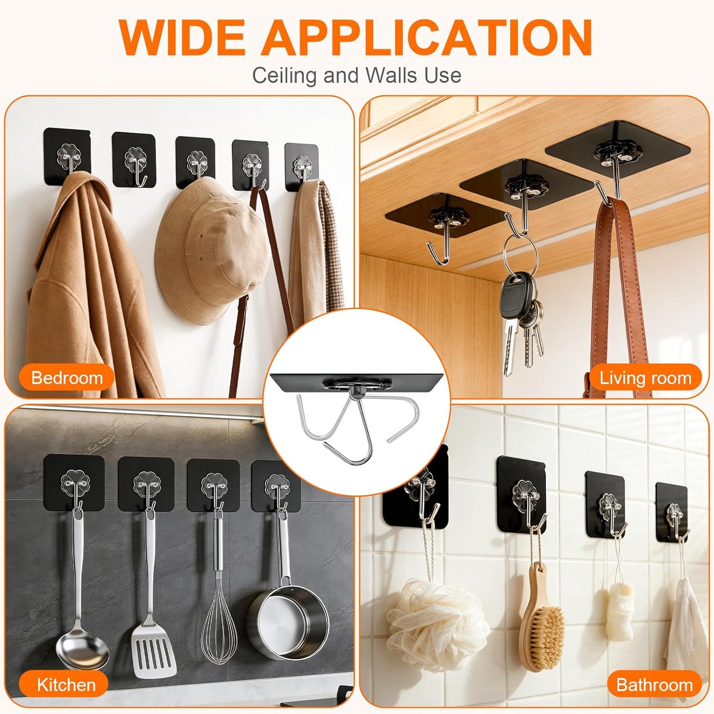 DDMY Heavy Duty Adhesive Hooks - 50lb Max Capacity, Waterproof & Reusable Black Wall Hooks | 8 Pack for Bathroom & Kitchen