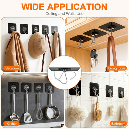 DDMY Heavy Duty Adhesive Hooks - 50lb Max Capacity, Waterproof & Reusable Black Wall Hooks | 8 Pack for Bathroom & Kitchen
