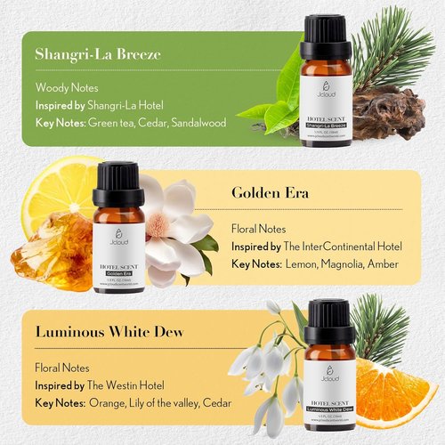 JCLOUD Essential Oils Set - Top 6 Luxury Hotel-Inspired Diffuser Oils for Home | Pure Aromatherapy - 6x10mL