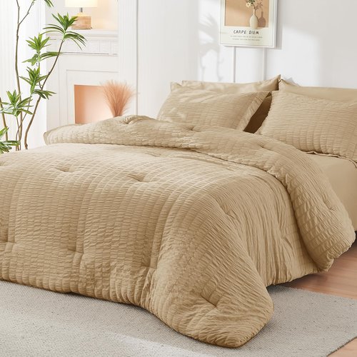 HYMOKEGE Khaki Twin XL Comforter Set Seersucker 5 Pieces, All Season Luxury Bed in a Bag for Bedroom, Bedding Set with Comforter, Sheets, Pillowcase & Sham