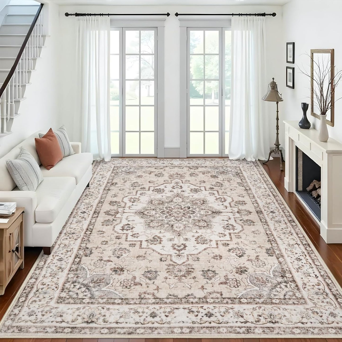 Skiennix Washable Large Area Rug - Non-Slip, Stain Resistant, Vintage Design | 9x12 Beige/Cream Soft Medallion Carpet for Living Room & Home Office