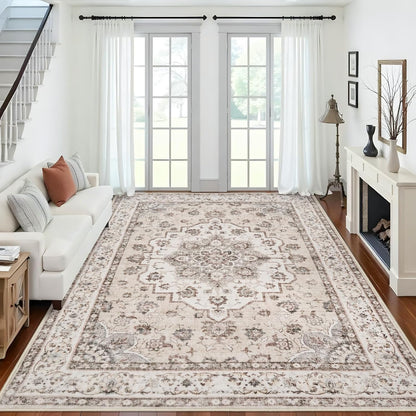 Skiennix Washable Large Area Rug - Non-Slip, Stain Resistant, Vintage Design | 9x12 Beige/Cream Soft Medallion Carpet for Living Room & Home Office