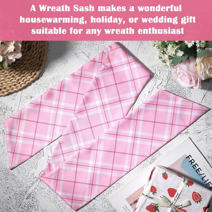 Pink Plaid Wreath Sash - 2 Pcs 60 Inch Buffalo Plaid Sashes for Valentine's Day Home Decor | Wedding & Baby Shower