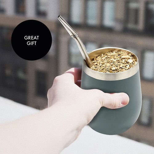 BALIBETOV Complete Yerba Mate Set - Modern Mate Gourd, Thermos, Yerba Container, Bombilla and Cleaning Brush Included - All Premium Quality 304 18/8 Stainless Steel (GRAY)