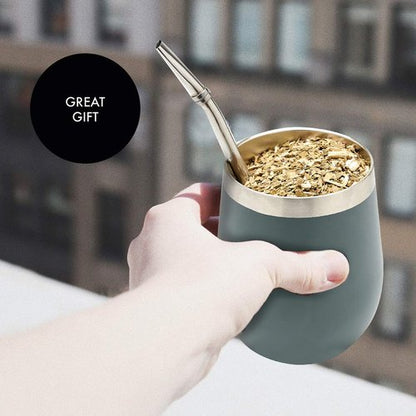 BALIBETOV Complete Yerba Mate Set - Modern Mate Gourd, Thermos, Yerba Container, Bombilla and Cleaning Brush Included - All Premium Quality 304 18/8 Stainless Steel (GRAY)