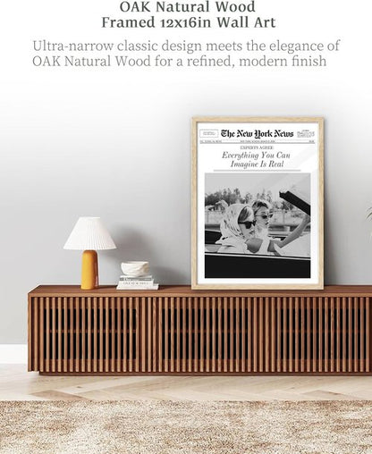 iHery Framed Newspaper Wall Art - "Everything You Can Imagine Is Real" | Natural Oak Wood 12x16in Canvas Decor for Bedroom & Living Room