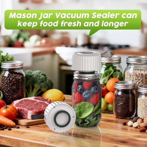 Mason Jar Vacuum Sealer - Automatic Food Saver Machine for Wide & Regular Mouth Jars | Portable Kitchen Storage (White)