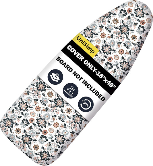 UniSimp Ironing Board Cover - Extra Thick Natural Cotton, Scorch & Stain Resistant | 18"x49" Floral Design