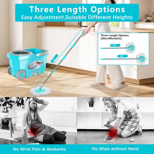 FunClean Spin Mop and Bucket,Mop and Bucket with Wringer Set for Home,360 Spinning Mopping Floor Cleaning Tool with 6 Microfiber Replacement Head Refills,61" Extended Handle, 2X Wheel - Blue
