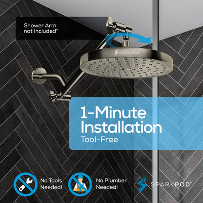 SparkPod Shower Head - High Pressure Rain - Premium Quality Luxury Design - Easy Clean Adjustable Replacement for Your Bathroom Shower Heads (Elegant Brushed Nickel, 8 Inch Round)
