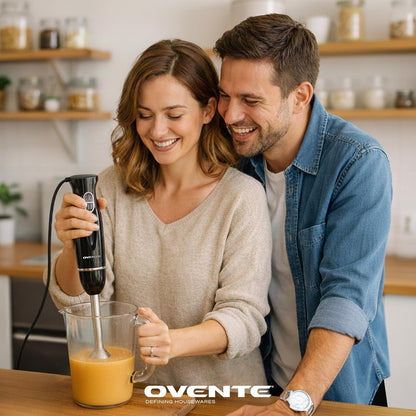 OVENTE Immersion Hand Blender Set - 300W Electric Stick Mixer with Stainless Steel Blades & Whisk, Black