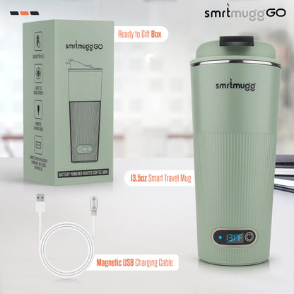 SmrtMugg GO Heated Coffee Mug, Travel Mug, 13.5 OZ. Smart Mug, Battery Powered Heated Coffee Mug, Great for Coffee and Tea, Snap on Magnetic Charging Cord, New and Improved (Mint Green)