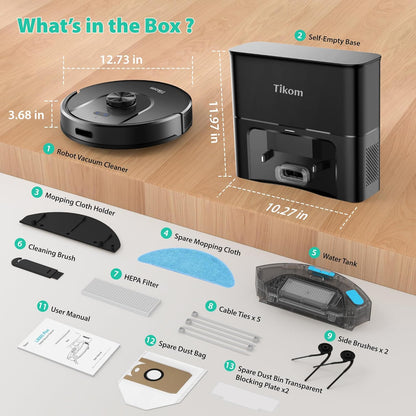 Tikom Robot Vacuum - 6000Pa Robotic Cleaner with Self-Emptying Base & LiDAR Navigation | Ideal for Pet Hair & Hard Floors (L8000 Plus)