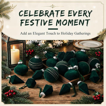 Green Velvet Christmas Ball Ornaments - 24pc Shatterproof Flocked Xmas Decorations (Variation: Green+24)