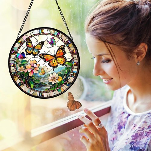 DASTOLL Stained Glass Window Hanging - Butterfly Suncatcher for Home Decor | 9.8-Inch Gift for Mom