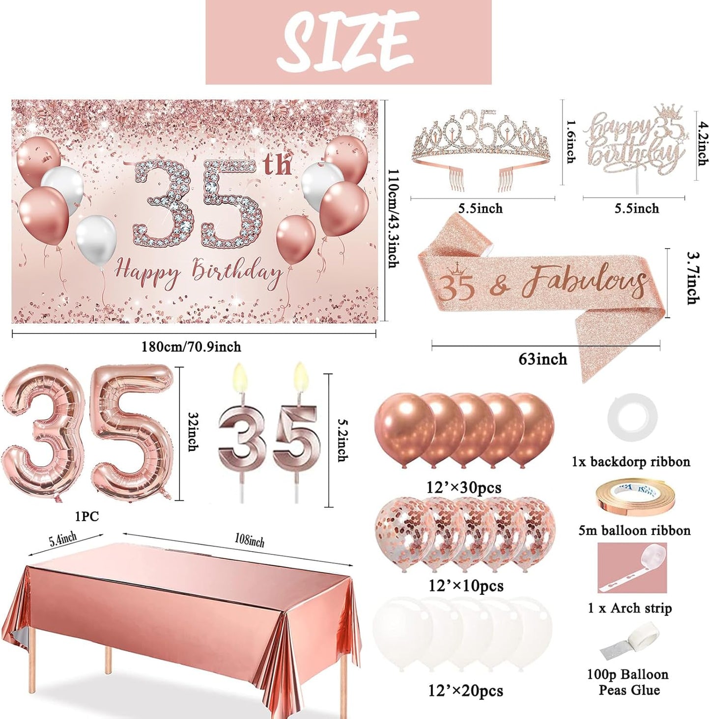 Trgowaul 35th Birthday Decorations Set - Rose Gold Balloon Arch, Banner & Tiara | Pink & Gold Theme