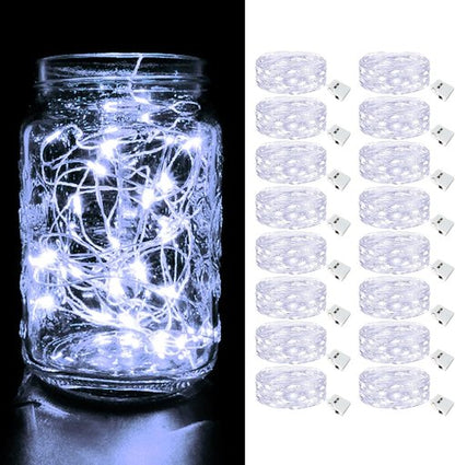 Btfarm 16 Pack LED Fairy Lights - Battery Operated Twinkle Lights | 7FT Silver Wire for Mason Jars & Parties, Cold White