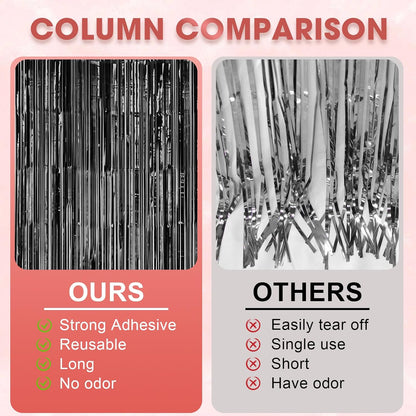 Voircoloria Laser Black Foil Fringe Backdrop Curtains - 3 Pack 3.3 x 8.2 ft Tinsel Streamers for Parties