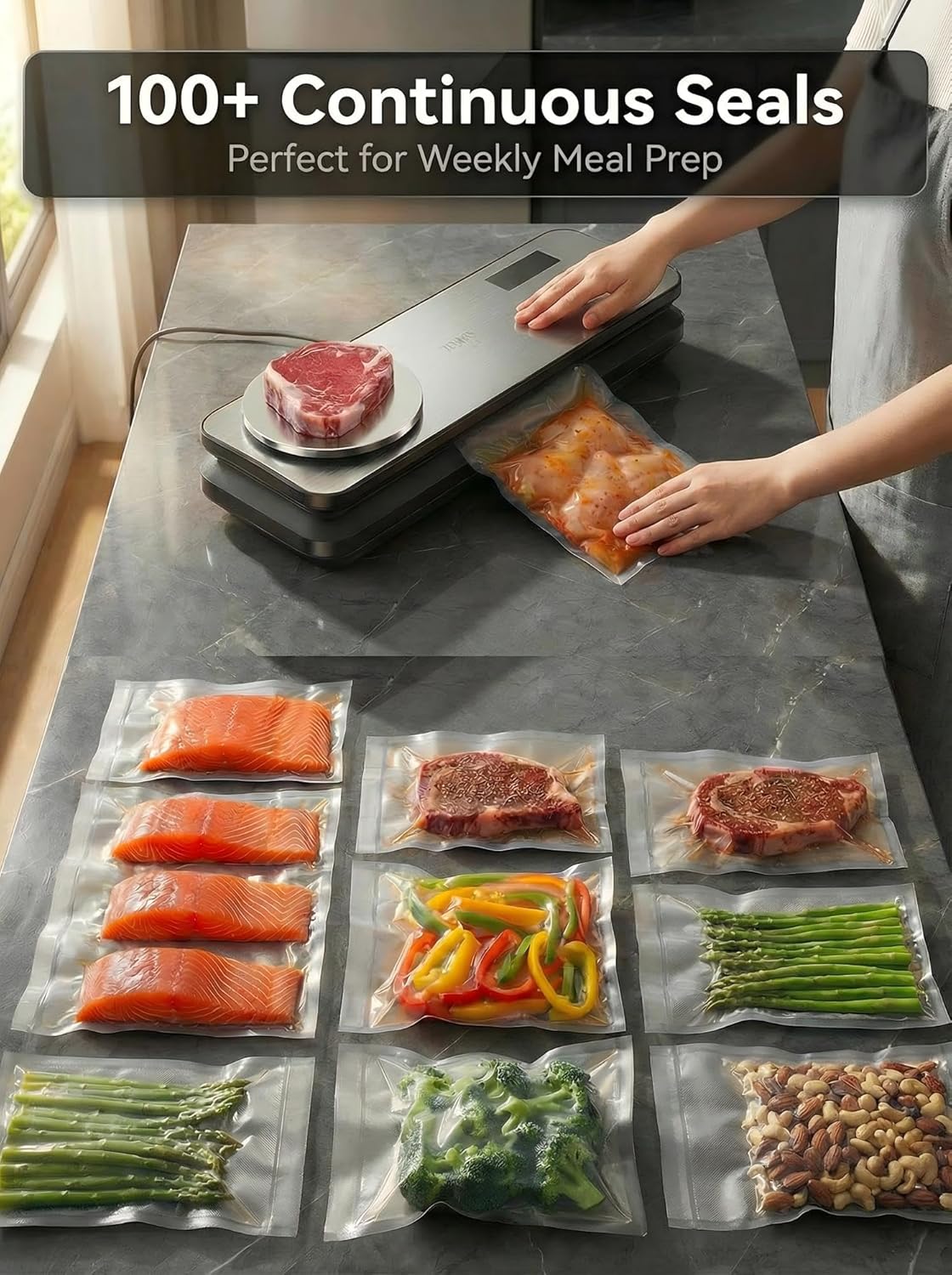 Skiennix Vacuum Sealer - 90kPA Powerful Food Saver with Digital Scale & 12-in-1 Modes | Includes 10 Bags & 1 Roll