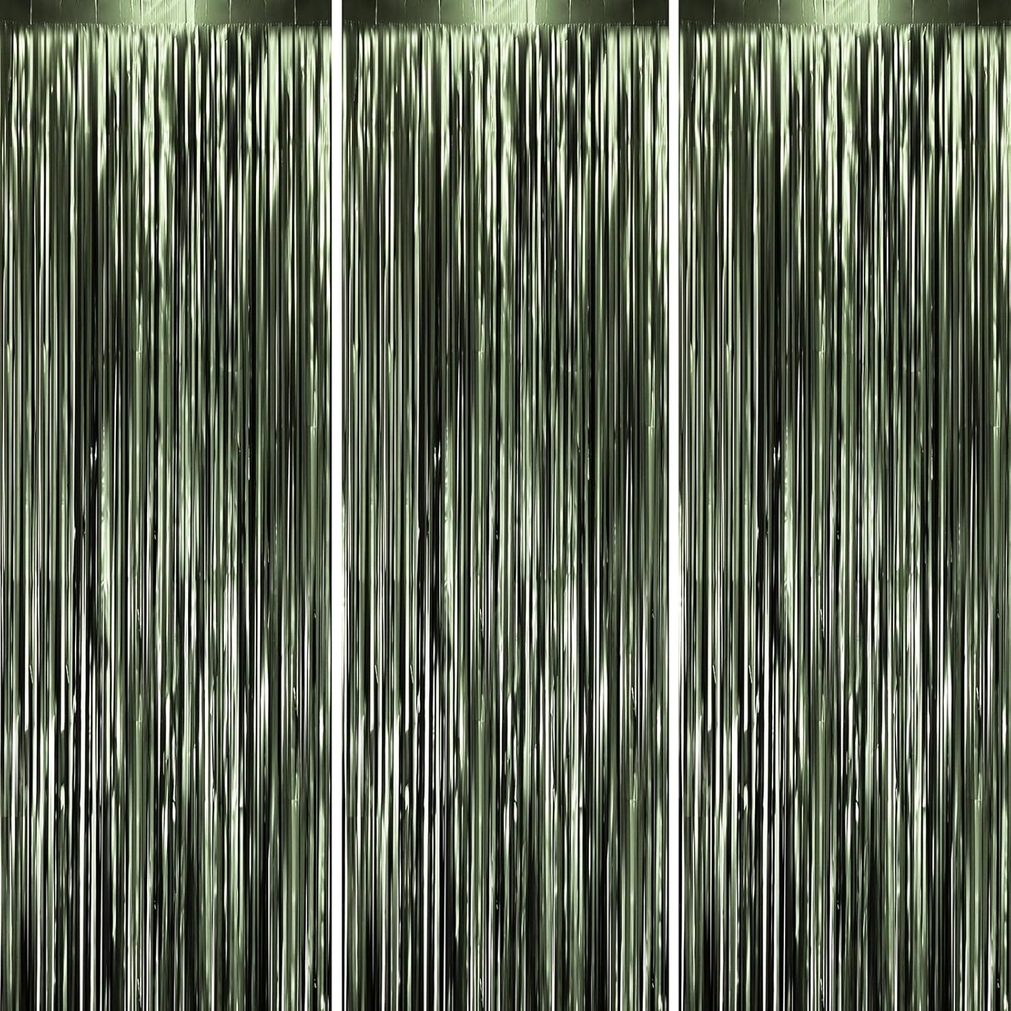 Voircoloria Matte Green Foil Fringe Backdrop Curtains - 3 Pack Tinsel Streamers for Parties | 3.3 x 8.2 ft