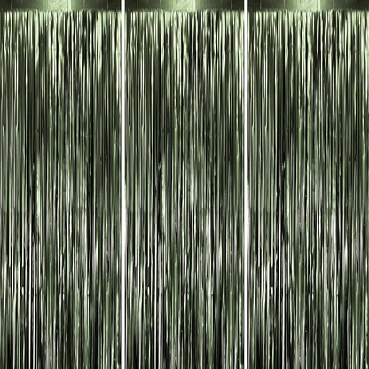 Voircoloria Matte Green Foil Fringe Backdrop Curtains - 3 Pack Tinsel Streamers for Parties | 3.3 x 8.2 ft