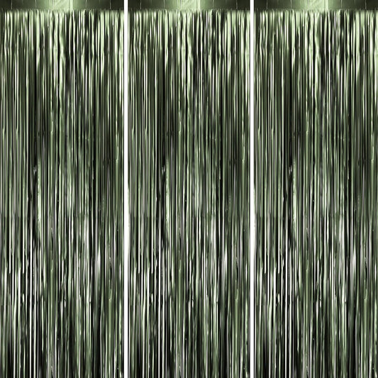Voircoloria Matte Green Foil Fringe Backdrop Curtains - 3 Pack Tinsel Streamers for Parties | 3.3 x 8.2 ft