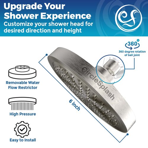 High Pressure Shower Head Anti-Clogging Silicone Nozzles 2.5 GPM Removable Restrictor - Easy to Clean - Easy to Install with Plumbers Tape - 6 inch - Brushed Nickel Finish (Brushed Nickel, 2.5GPM)