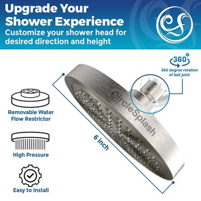 High Pressure Shower Head Anti-Clogging Silicone Nozzles 2.5 GPM Removable Restrictor - Easy to Clean - Easy to Install with Plumbers Tape - 6 inch - Brushed Nickel Finish (Brushed Nickel, 2.5GPM)